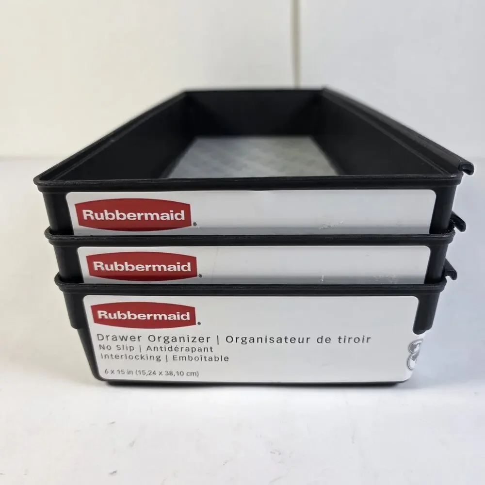3 Rubbermaid Drawer Organizers Black/Gray 6 x 15 x 2 inches Drawer Storage